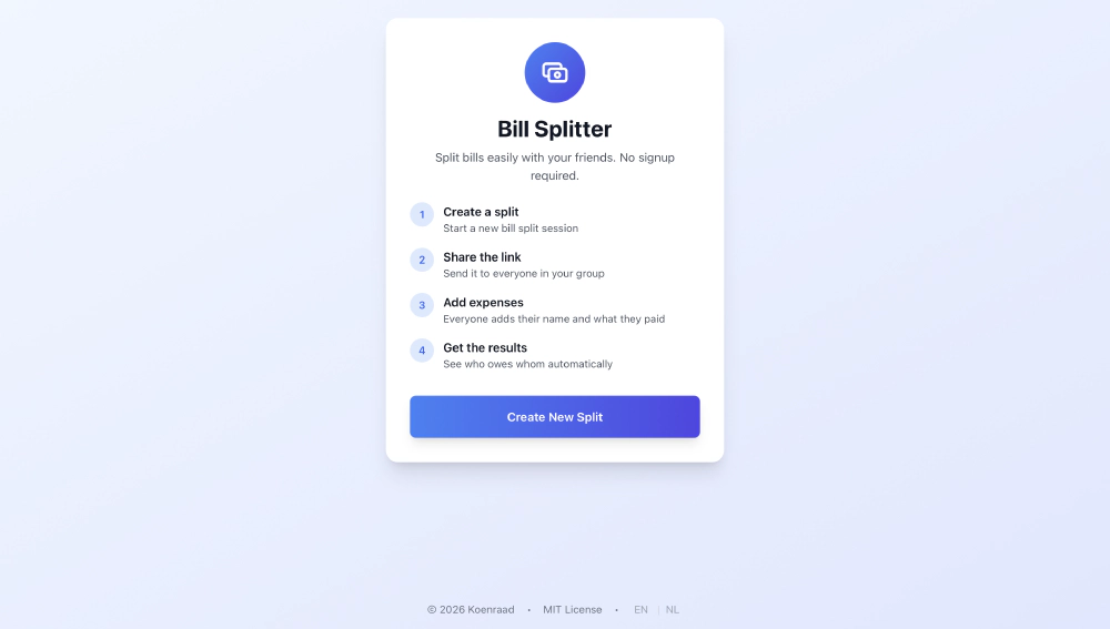 Home page with Create New Split button and four-step workflow