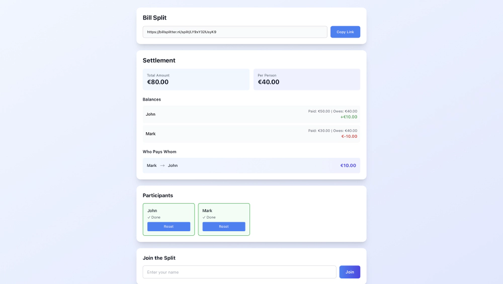 Settlement results showing calculated payments
