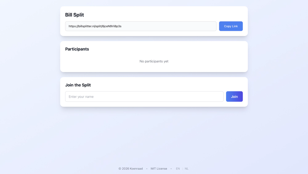 Split page showing shareable URL with participants