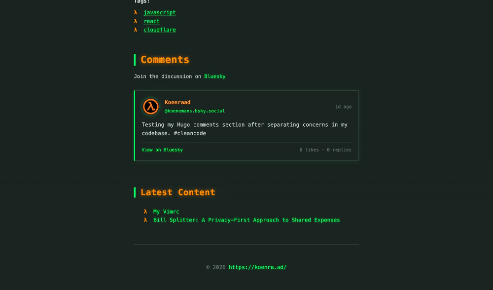 Bluesky comments integration showing a comment with user profile and interaction metrics
