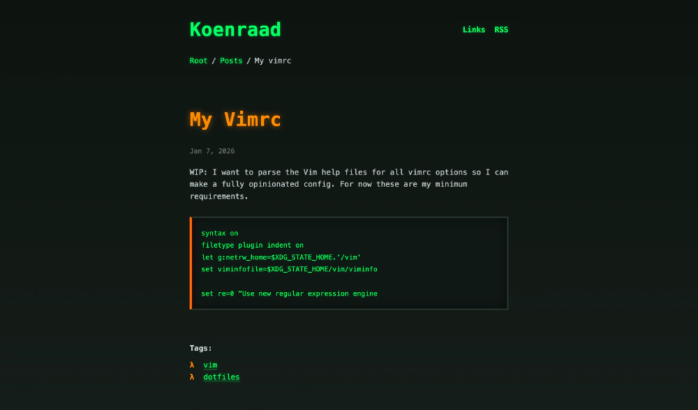 Post page showing breadcrumb navigation, orange heading, and code block with orange accent border