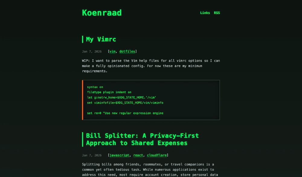 Lambda theme homepage showing dark green background with orange headings